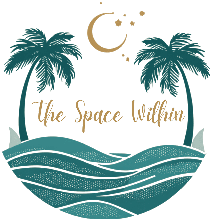 The Space Within — two palm trees beneath a crescent moon and stars, above teal ocean waves